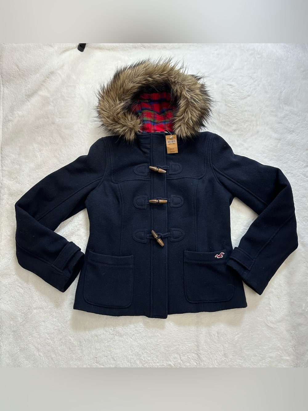 NWT Vintage Y2K Hollister Wool Blend Toggle Duffle Coat Navy Plaid Lined L